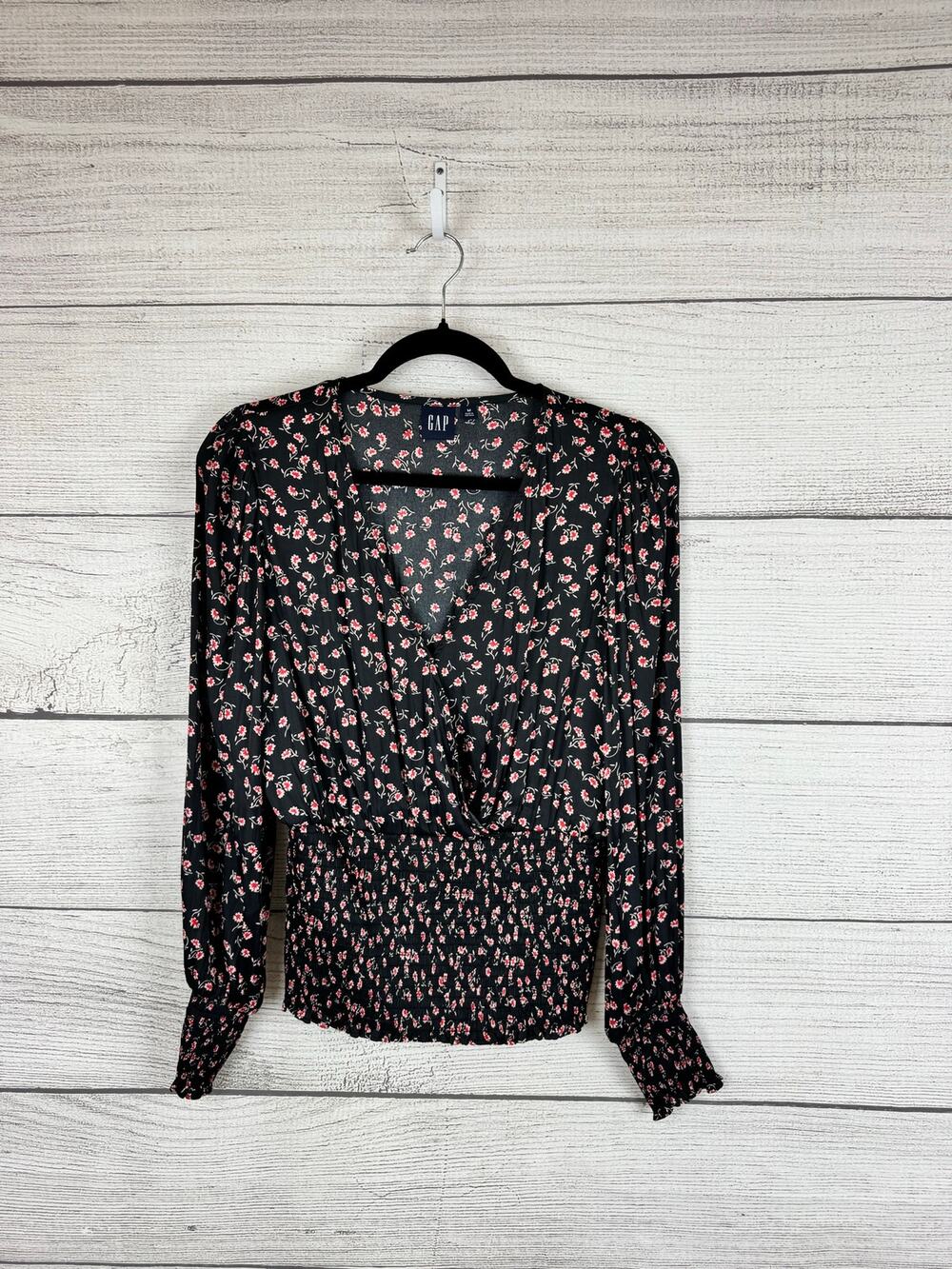 Gap Women's Black & Pink Floral Smocked Wrap Long Sleeve Blouse Size Medium